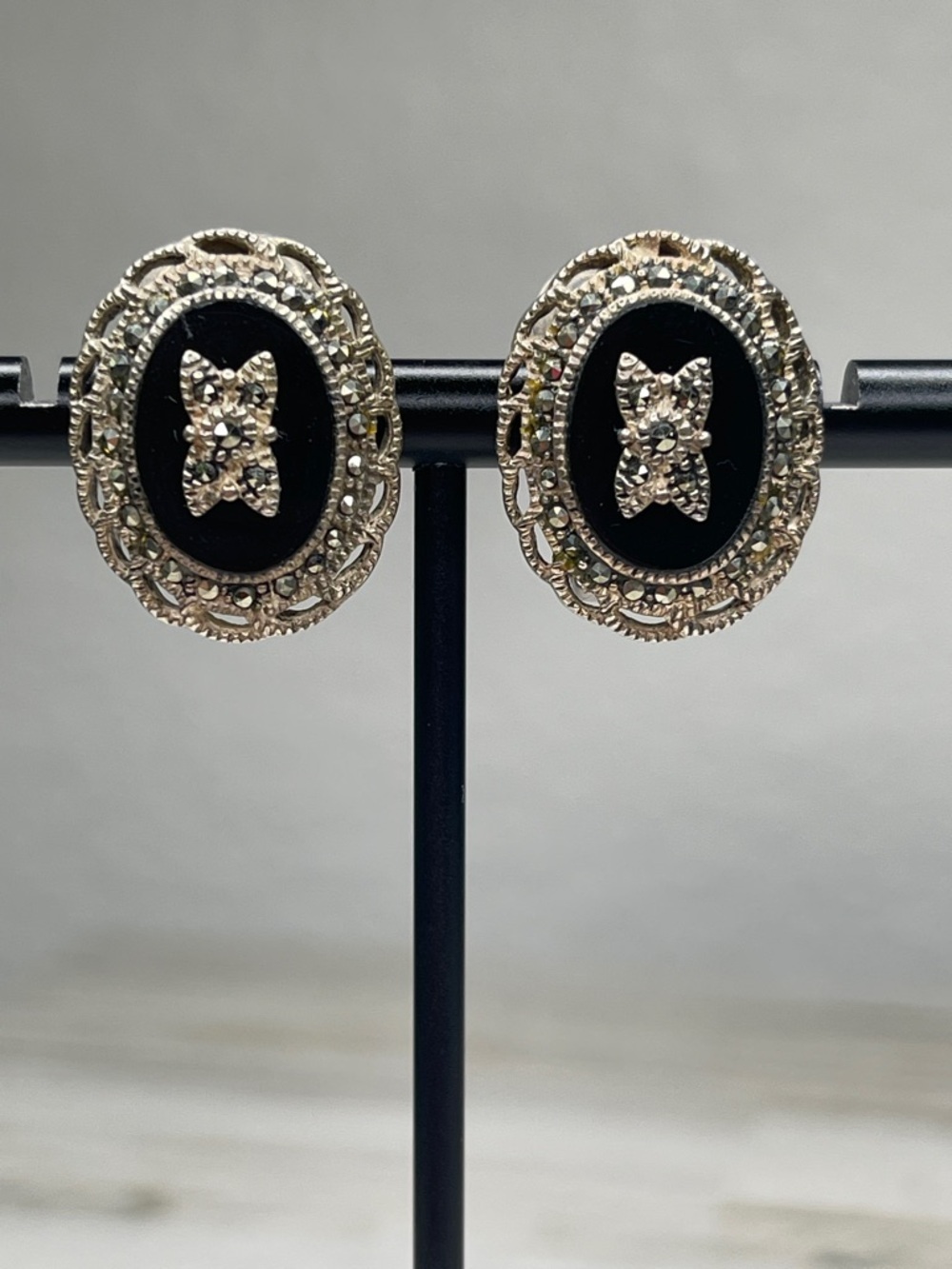 Vintage Sterling Silver Marcasite Black Onyx Clip On Earrings